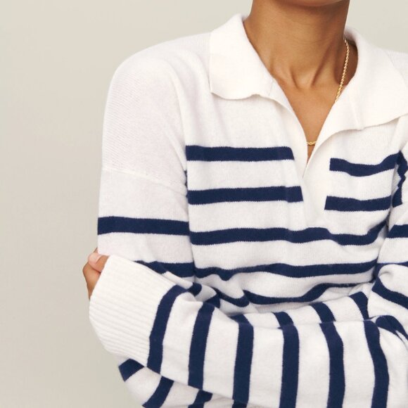 Reformation Cashmere Polo Sweater Navy.Stripe Large - Picture 2 of 9